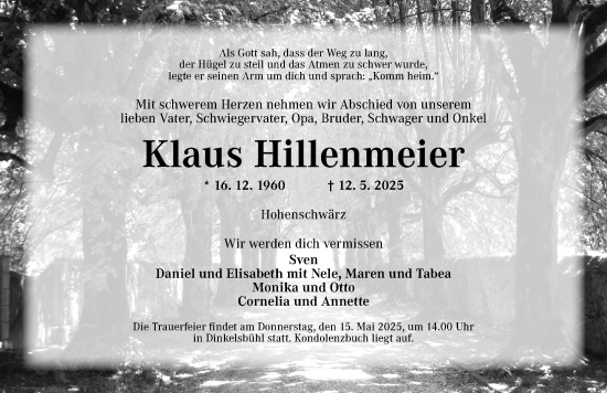 Traueranzeige von Klaus Hillenmeier von Dinkelsbühl/ Feuchtwangen