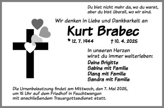 Traueranzeige von Kurt Brabec von Dinkelsbühl/ Feuchtwangen