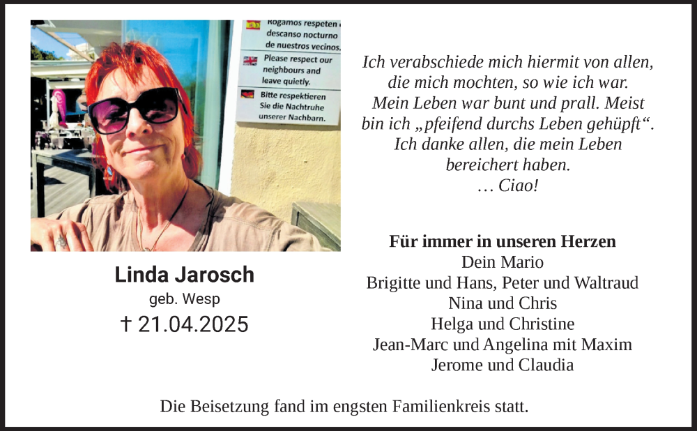  Traueranzeige für Linda Jarosch vom 10.05.2025 aus Neustadt/ Scheinfeld/ Uffenheim