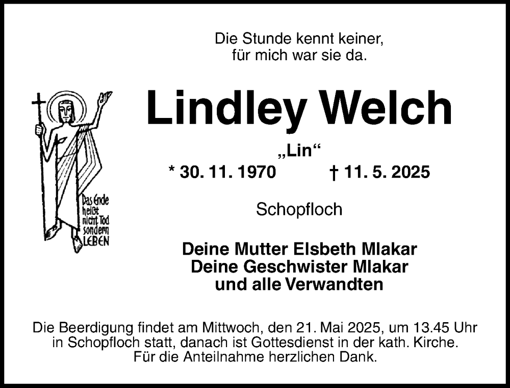  Traueranzeige für Lindley Welch vom 20.05.2025 aus Dinkelsbühl/ Feuchtwangen