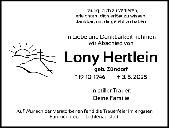 Traueranzeige von Lony Hertlein von Ansbach