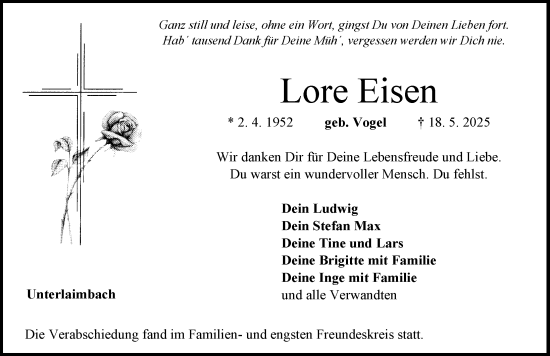 Traueranzeige von Lore Eisen von Neustadt/ Scheinfeld/ Uffenheim