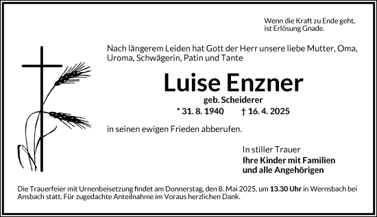 Traueranzeige von Luise Enzner von Ansbach