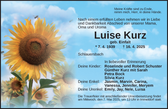 Traueranzeige von Luise Kurz von Ansbach