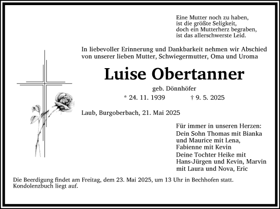 Traueranzeige von Luise Obertanner von Dinkelsbühl/ Feuchtwangen