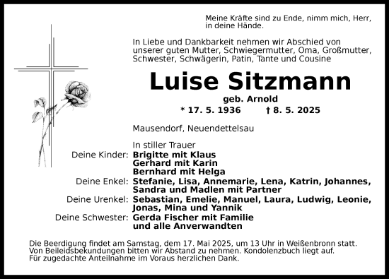 Traueranzeige von Luise Sitzmann von Ansbach