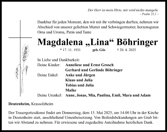 Traueranzeige von Magdalena Böhringer von Neustadt/ Scheinfeld/ Uffenheim