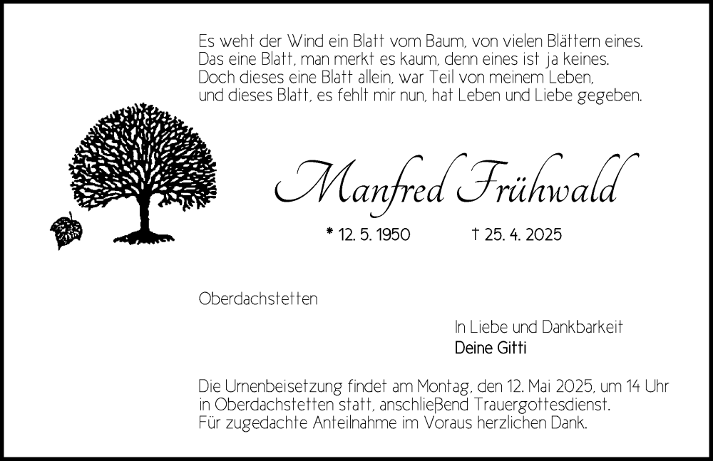  Traueranzeige für Manfred Frühwald vom 10.05.2025 aus Ansbach