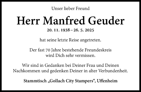 Traueranzeige von Manfred Geuder von Neustadt/ Scheinfeld/ Uffenheim