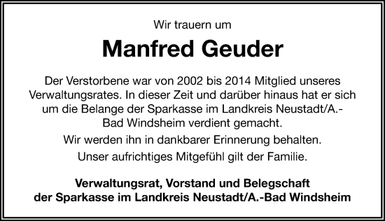 Traueranzeige von Manfred Geuder von Neustadt/ Scheinfeld/ Uffenheim