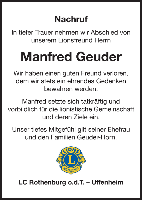 Traueranzeige von Manfred Geuder von Neustadt/ Scheinfeld/ Uffenheim