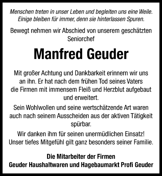 Traueranzeige von Manfred Geuder von Neustadt/ Scheinfeld/ Uffenheim