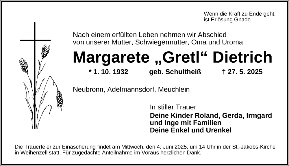  Traueranzeige für Margarete Dietrich vom 31.05.2025 aus Ansbach
