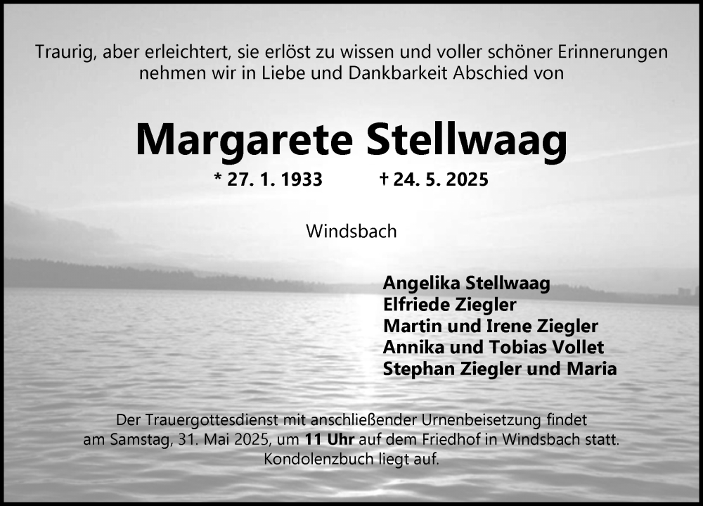  Traueranzeige für Margarete Stellwaag vom 28.05.2025 aus Ansbach