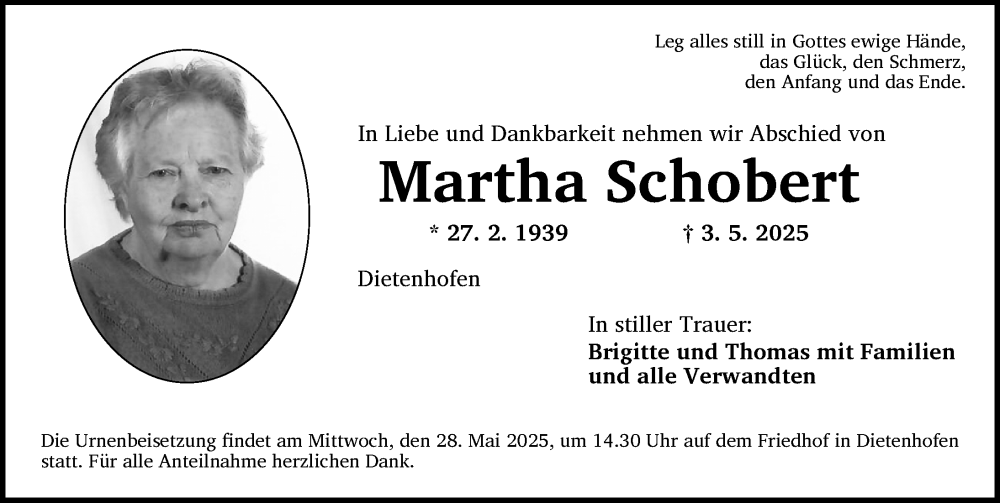  Traueranzeige für Martha Schobert vom 24.05.2025 aus Ansbach