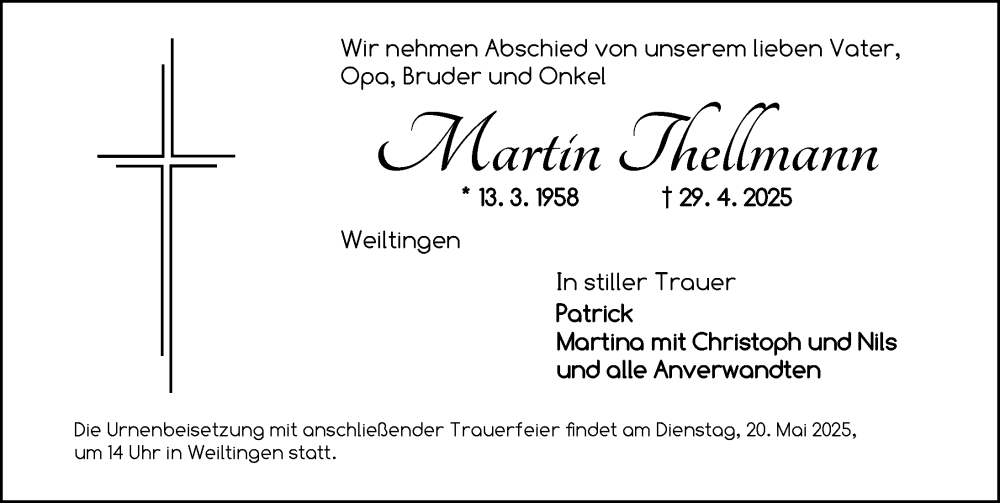  Traueranzeige für Martin Thellmann vom 17.05.2025 aus Dinkelsbühl/ Feuchtwangen