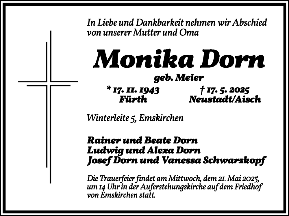  Traueranzeige für Monika Dorn vom 19.05.2025 aus Neustadt/ Scheinfeld/ Uffenheim