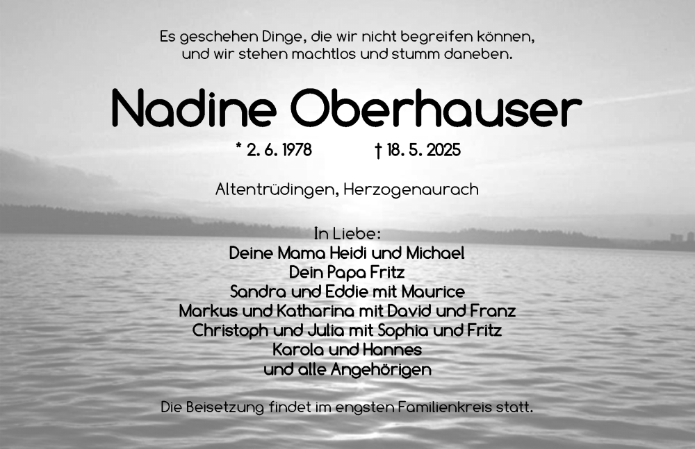  Traueranzeige für Nadine Oberhauser vom 23.05.2025 aus Dinkelsbühl/ Feuchtwangen