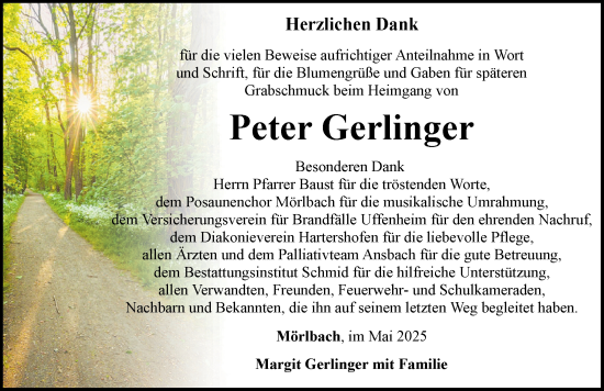 Traueranzeige von Peter Gerlinger von Neustadt/ Scheinfeld/ Uffenheim