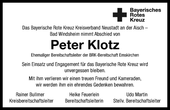 Traueranzeige von Peter Klotz von Neustadt/ Scheinfeld/ Uffenheim