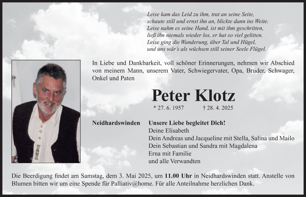  Traueranzeige für Peter Klotz vom 02.05.2025 aus Neustadt/ Scheinfeld/ Uffenheim