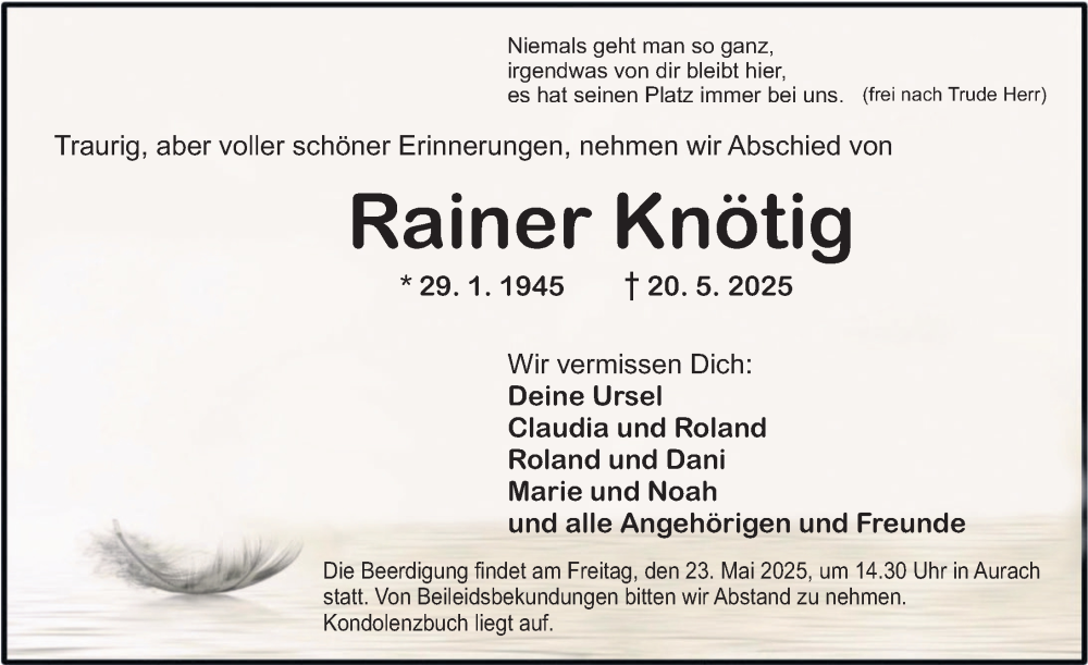  Traueranzeige für Rainer Knötig vom 22.05.2025 aus GE