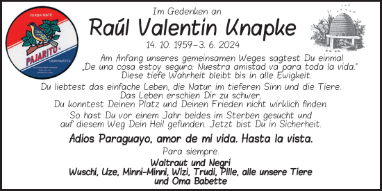 Traueranzeige von Raúl Valentín Knapke von Ansbach