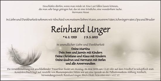 Traueranzeige von Reinhard Unger von Dinkelsbühl/ Feuchtwangen