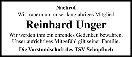 Traueranzeige von Reinhard Unger von Dinkelsbühl/ Feuchtwangen