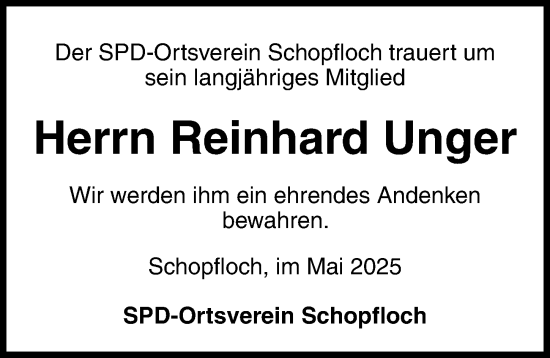 Traueranzeige von Reinhard Unger von Dinkelsbühl/ Feuchtwangen