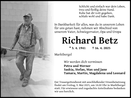 Traueranzeige von Richard Betz von Neustadt/ Scheinfeld/ Uffenheim