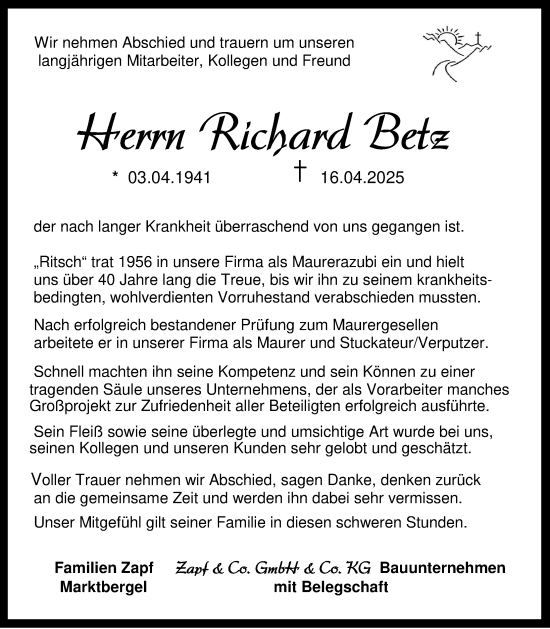 Traueranzeige von Richard Betz von Neustadt/ Scheinfeld/ Uffenheim