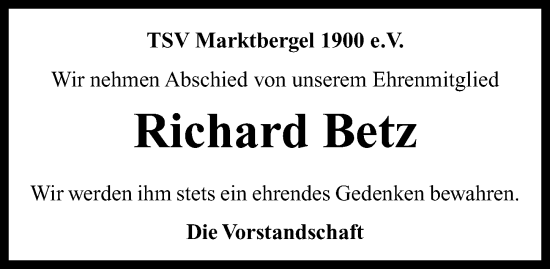 Traueranzeige von Richard Betz von Neustadt/ Scheinfeld/ Uffenheim