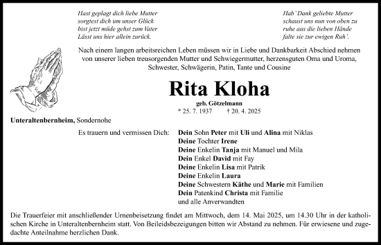 Traueranzeige von Rita Kloha von Neustadt/ Scheinfeld/ Uffenheim
