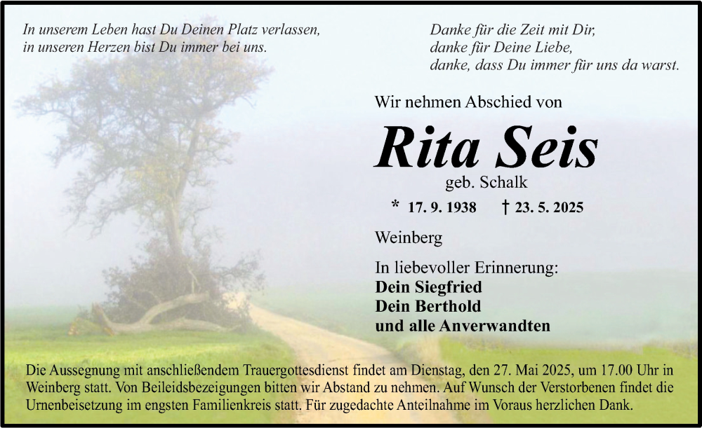  Traueranzeige für Rita Seis vom 26.05.2025 aus Dinkelsbühl/ Feuchtwangen