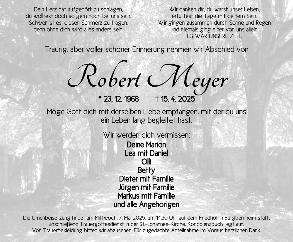  Traueranzeige für Robert Meyer vom 03.05.2025 aus Neustadt/ Scheinfeld/ Uffenheim