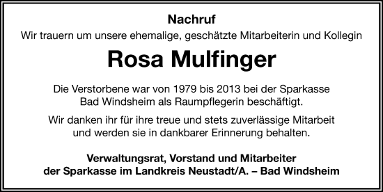 Traueranzeige von Rosa Mulfinger von Neustadt/ Scheinfeld/ Uffenheim