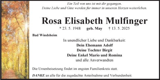 Traueranzeige von Rosa Elisabeth Mulfinger von Neustadt/ Scheinfeld/ Uffenheim