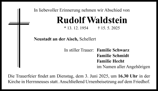 Traueranzeige von Rudolf Waldstein von Neustadt/ Scheinfeld/ Uffenheim