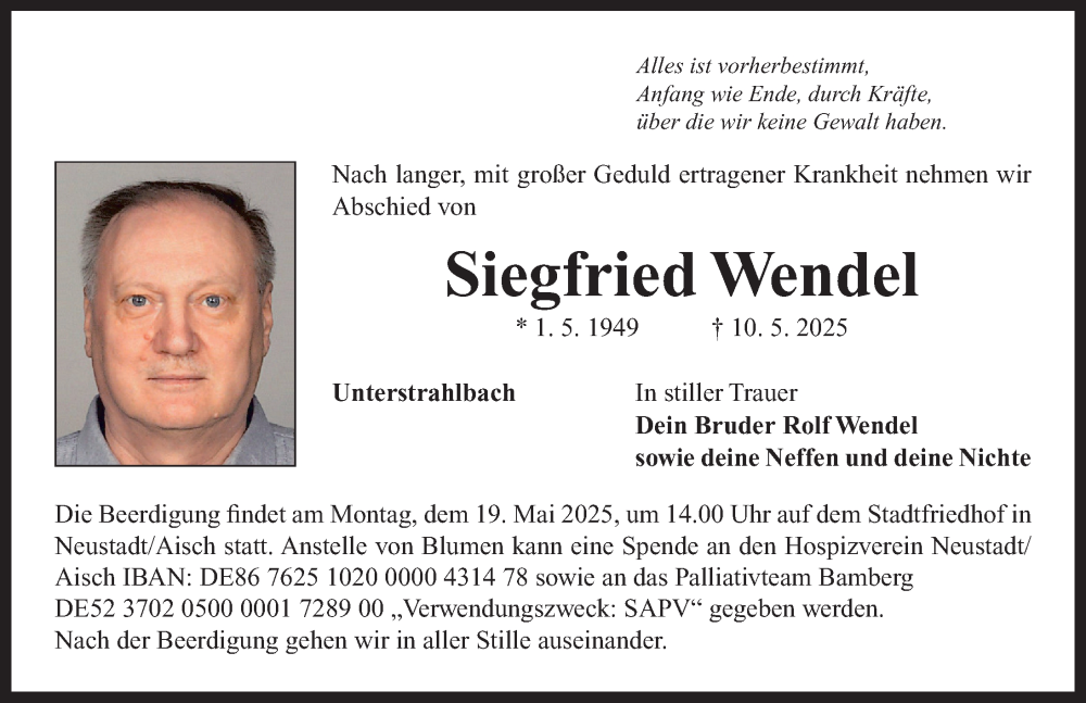  Traueranzeige für Siegfried Wendel vom 16.05.2025 aus Neustadt/ Scheinfeld/ Uffenheim