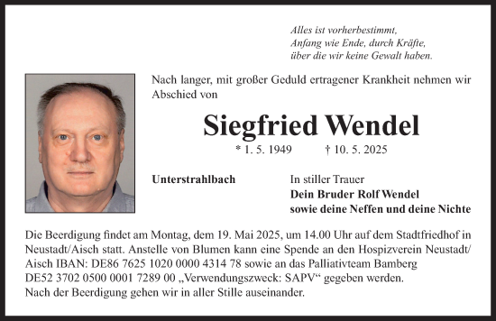 Traueranzeige von Siegfried Wendel von Neustadt/ Scheinfeld/ Uffenheim
