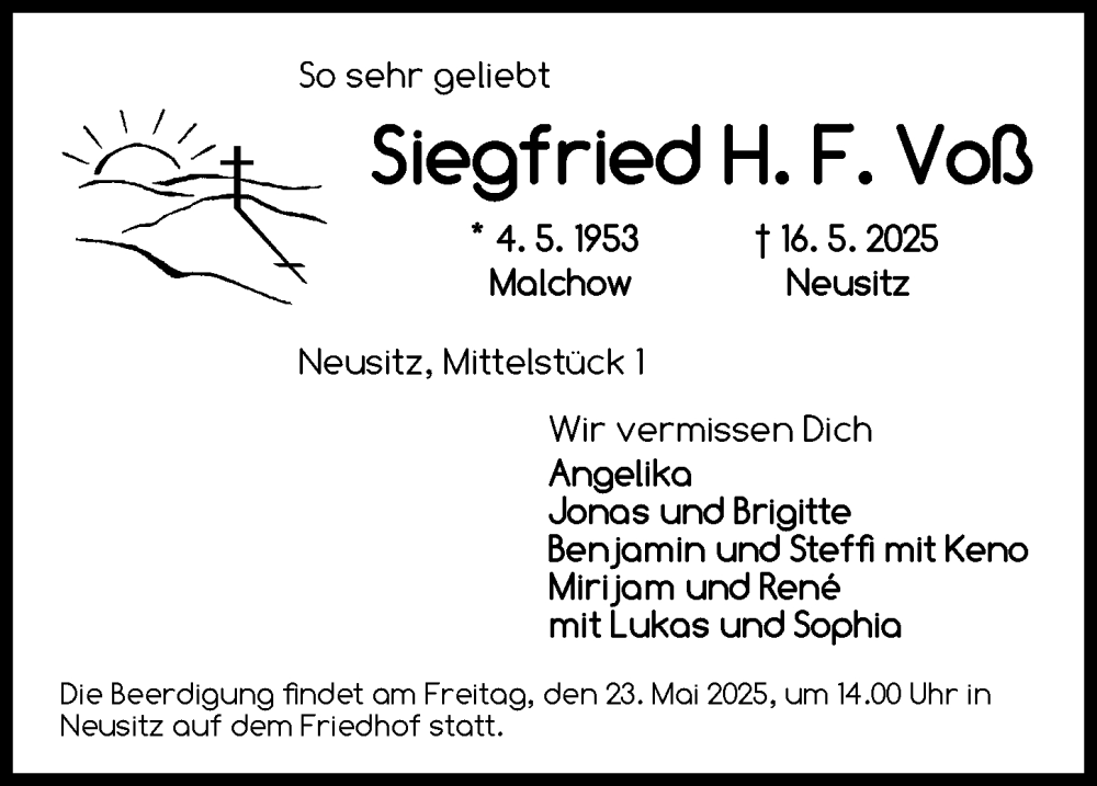  Traueranzeige für Siegfried H. F. Voß vom 19.05.2025 aus Rothenburg