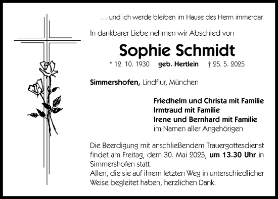 Traueranzeige von Sophie Schmidt von Neustadt/ Scheinfeld/ Uffenheim