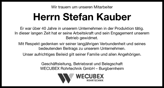 Traueranzeige von Stefan Kauber von Neustadt/ Scheinfeld/ Uffenheim