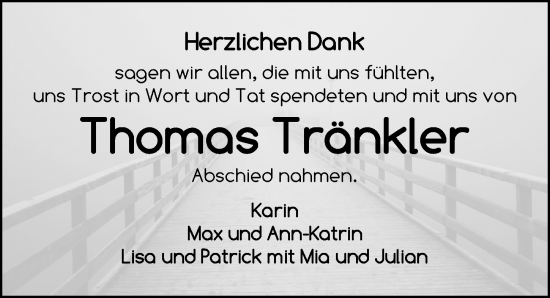 Traueranzeige von Thomas Tränkler von Dinkelsbühl/ Feuchtwangen