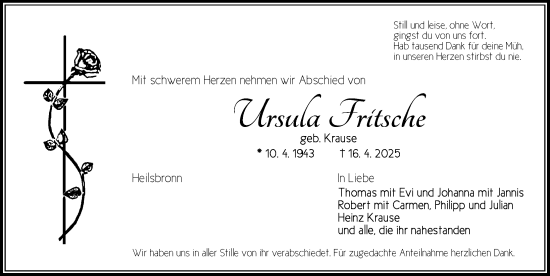 Traueranzeige von Ursula Fritsche von Ansbach