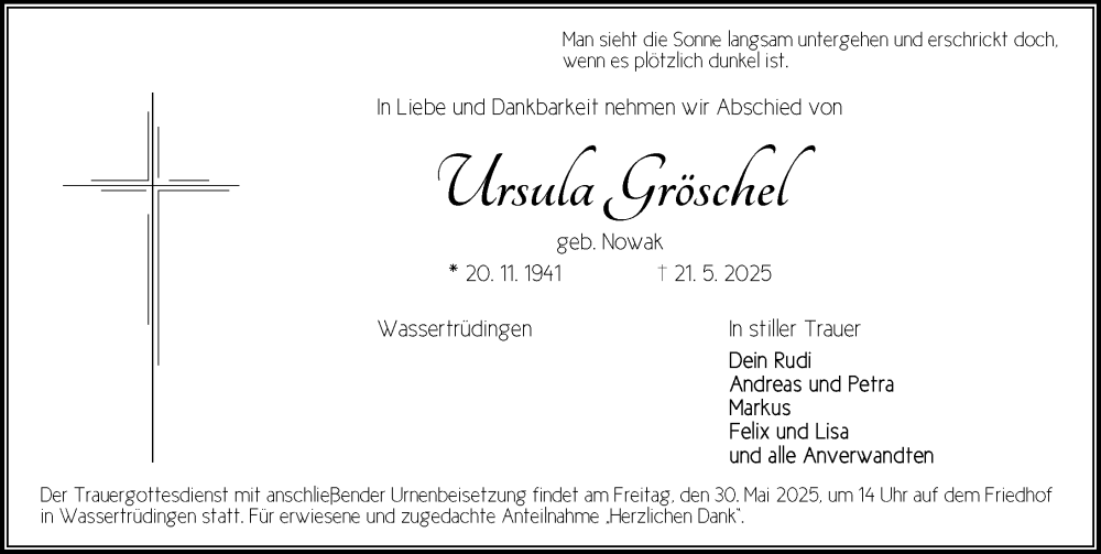  Traueranzeige für Ursula Gröschel vom 28.05.2025 aus Dinkelsbühl/ Feuchtwangen