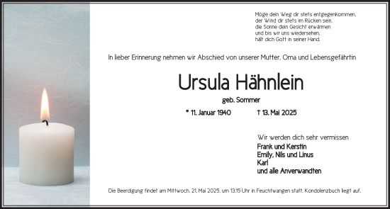 Traueranzeige von Ursula Hähnlein von Dinkelsbühl/ Feuchtwangen