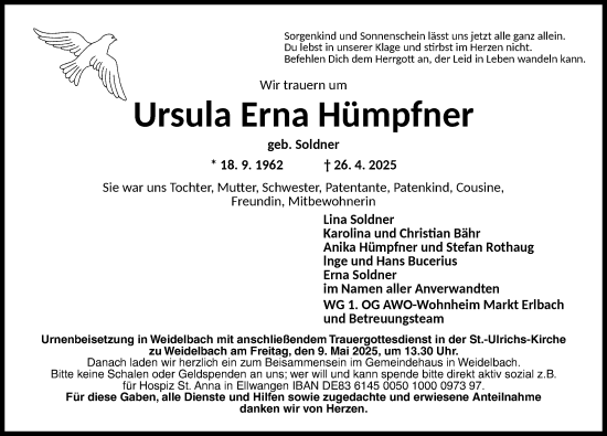 Traueranzeige von Ursula Erna Hümpfner von Dinkelsbühl/ Feuchtwangen