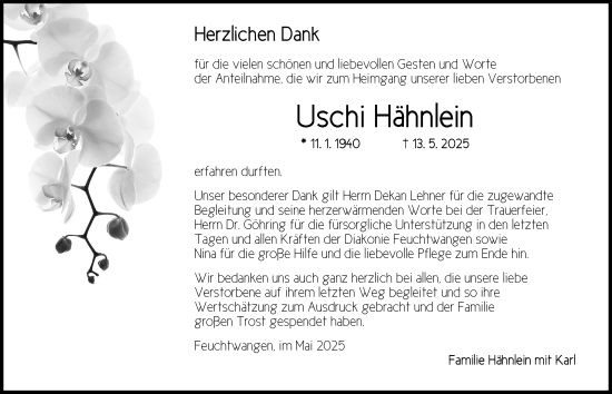 Traueranzeige von Uschi Hähnlein von Dinkelsbühl/ Feuchtwangen